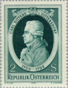 Carl Ditters von Dittersdorf halálának 175 évfordulója alkalmából kiadott bélyeg az Osztrák Köztársaság kezdeményezésére 1974-ből . Mérete 30 x 39 mm